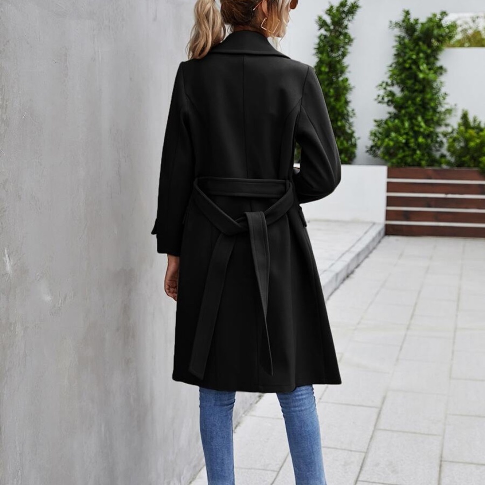 Classic Black Double Breast Buttons Trench Coat Jacket - Picture 7 of 8